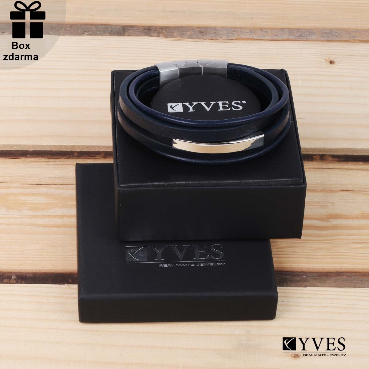 Kožený náramek pánský tmavě modrý 2755 Yves 22 cm TOTÁLNÍ VÝPRODEJ