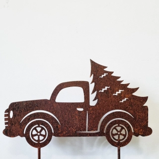 Zahradní kovová dekorace rezavá Auto se stromečkem